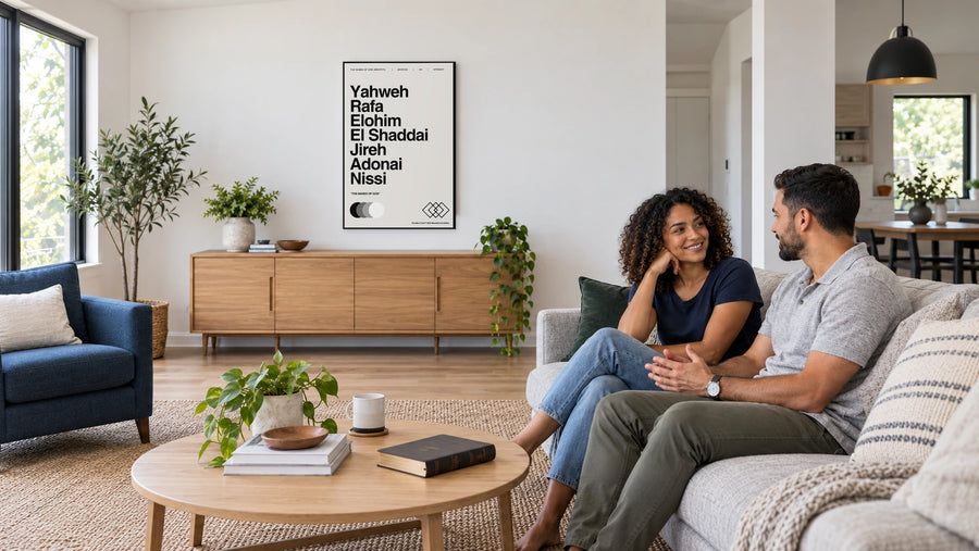 Names of God canvas above a wood sideboard in a bright living room with a seated couple