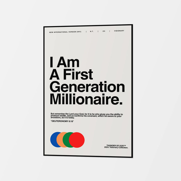 I Am a First Generation Millionaire canvas in off-white with black lettering and colorful circles