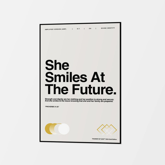 She Smiles at the Future canvas in off-white with black lettering and gold graphic accents