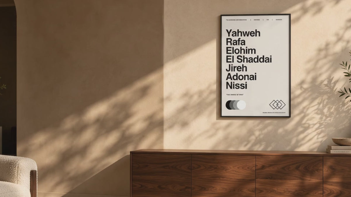 Names of God artwork in a sunlit interior