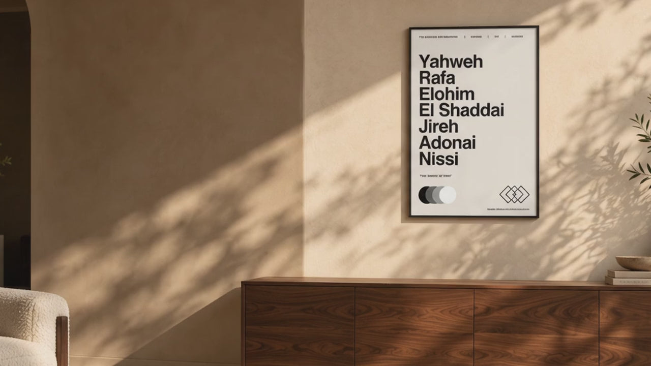 Names of God artwork in a sunlit interior