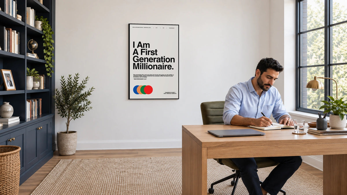 Off-white First Generation Millionaire canvas on a home office wall beside a man working at a desk