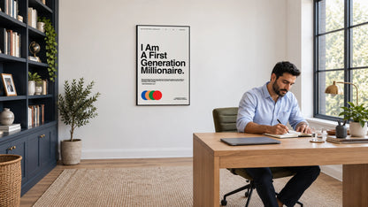 Off-white First Generation Millionaire canvas on a home office wall beside a man working at a desk