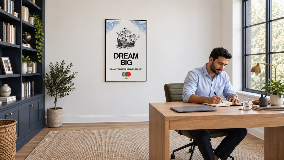 Dream Big canvas with sailing ship artwork on a home office wall beside a desk