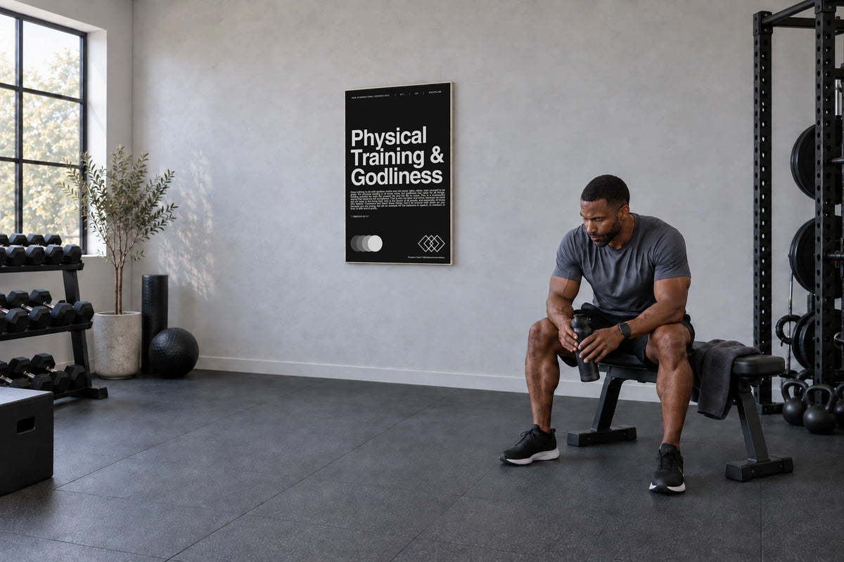 Black Physical Training and Godliness canvas on a gym wall beside a man seated on a weight bench