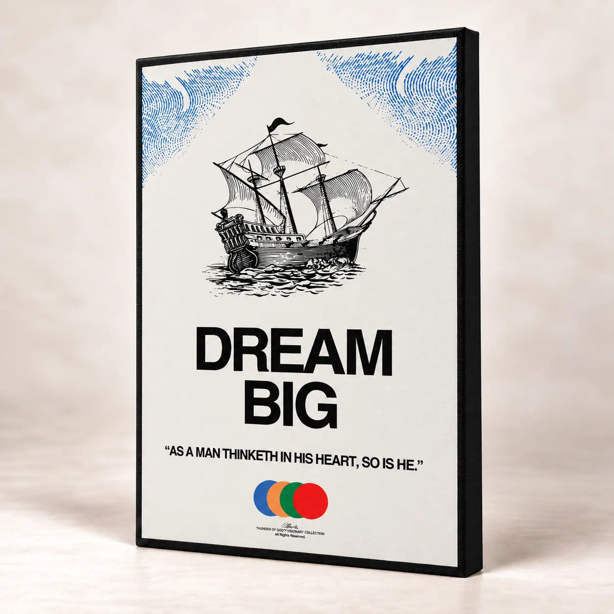 Dream Big 24 by 36 inch canvas with a black printed border and black image-wrapped sides; no separate frame