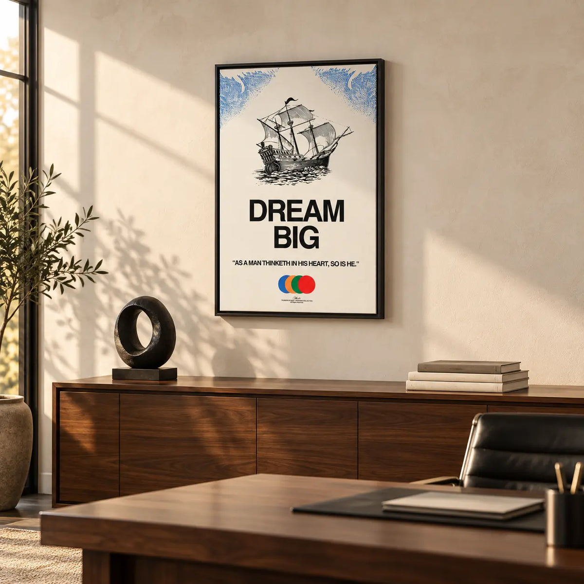 Dream Big 24 by 36 inch framed Christian canvas art displayed in a warm modern office