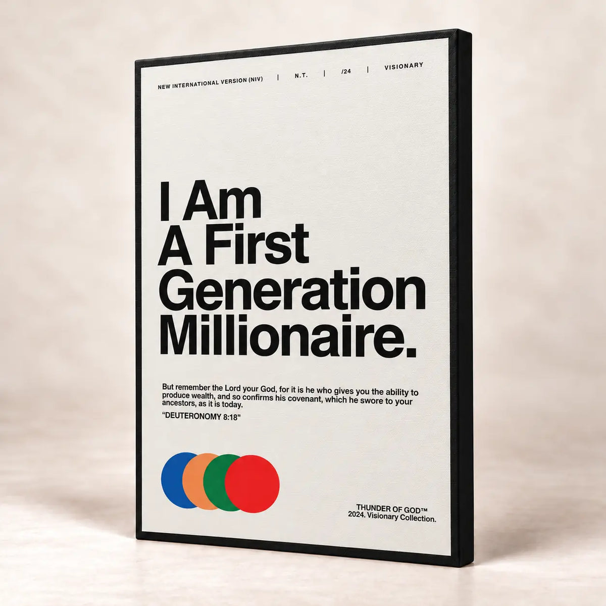 Off-white First Generation Millionaire 24 by 36 inch canvas with black image-wrapped sides and no separate frame