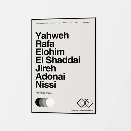 Names of God canvas in off-white with bold black lettering and a thin printed border