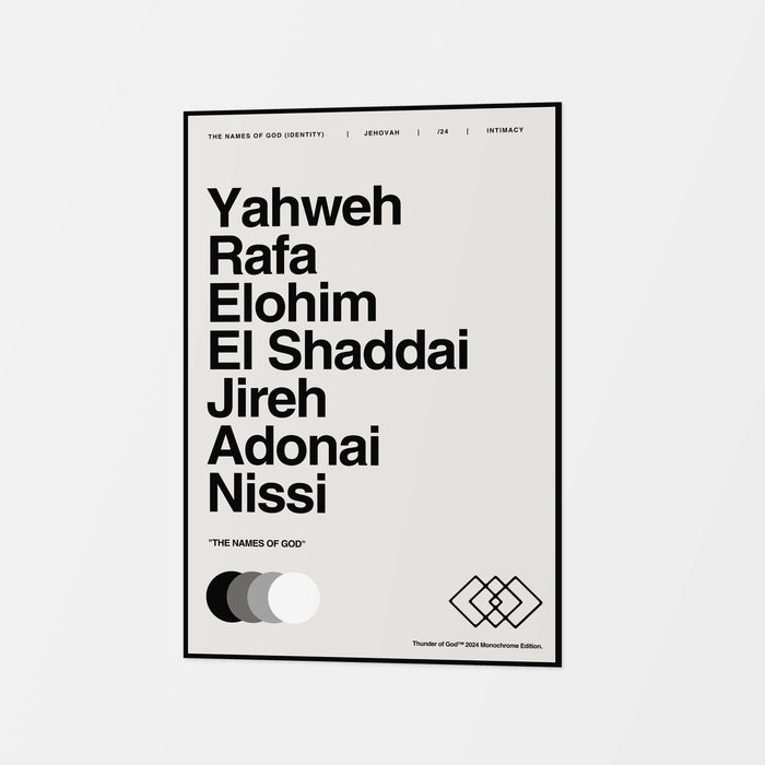 Names of God canvas in off-white with bold black lettering and a thin printed border