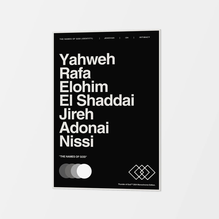 Names of God canvas in black with white lettering and a thin printed border