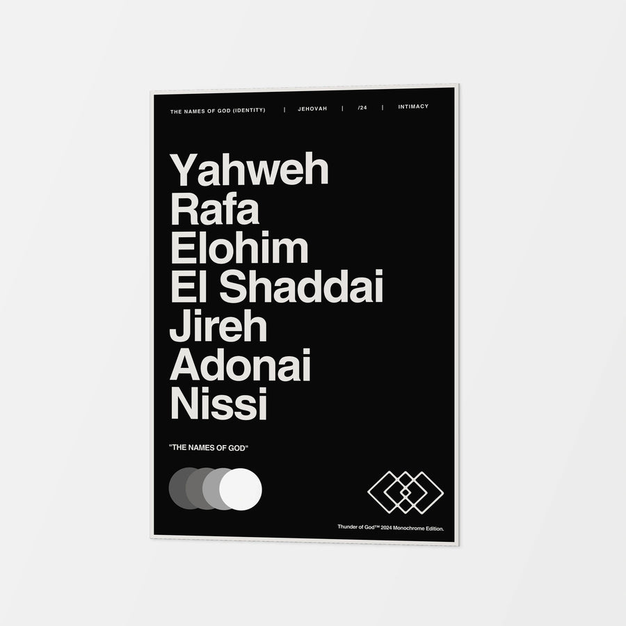 Names of God canvas in black with white lettering and a thin printed border