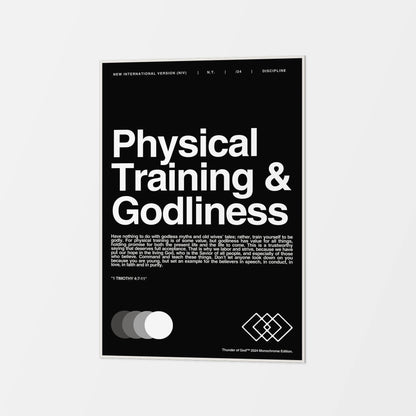Physical Training and Godliness canvas in black with white lettering