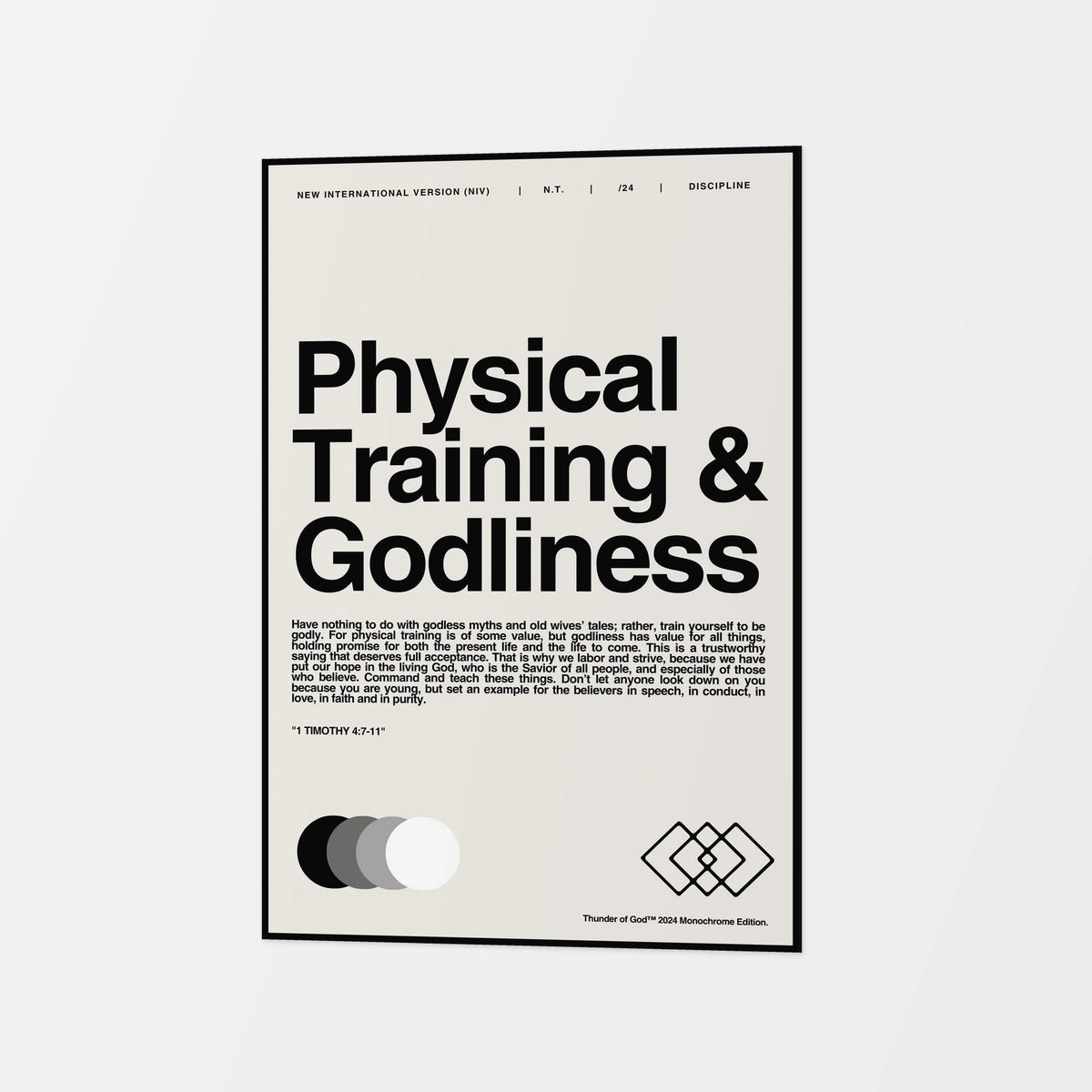 Physical Training and Godliness canvas in off-white with black lettering