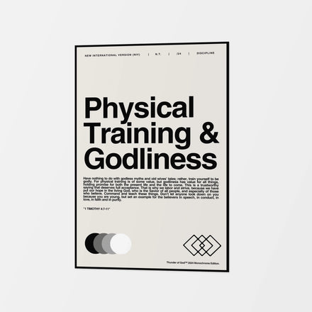 Physical Training and Godliness canvas in off-white with black lettering