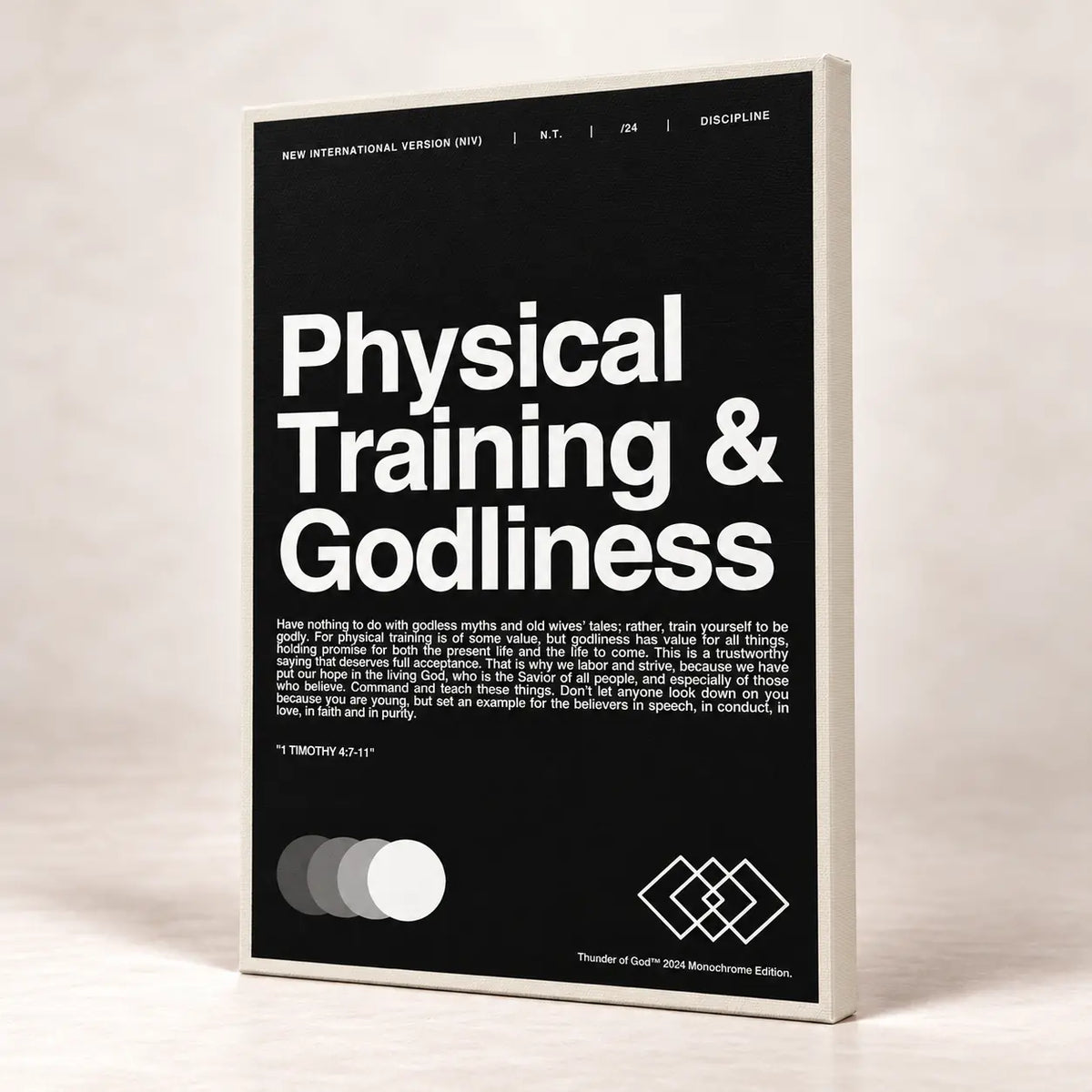 Black Physical Training and Godliness canvas with a light beige printed border continuing around the wrapped sides