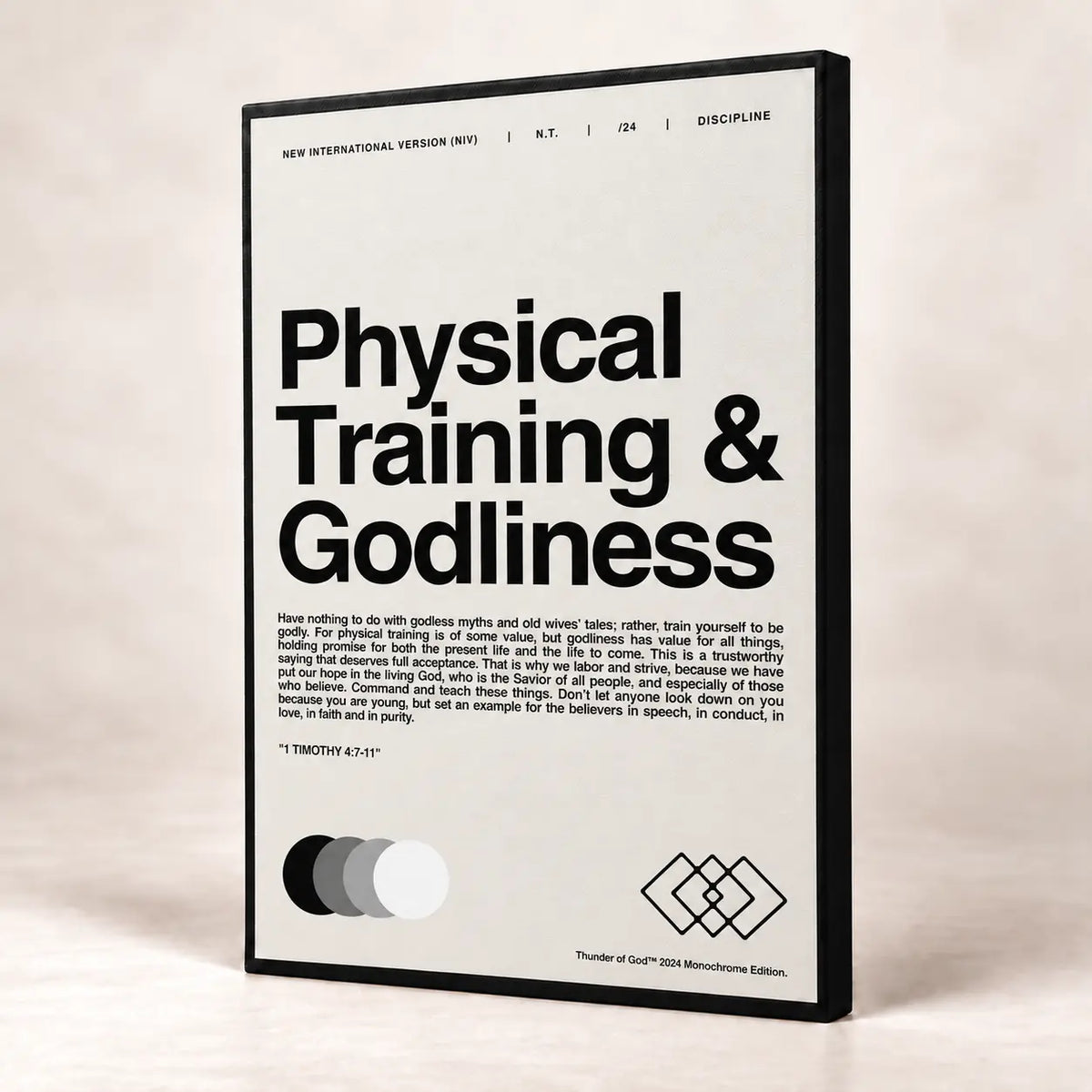 Off-white Physical Training and Godliness canvas with black image-wrapped sides and no separate frame
