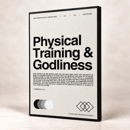 Off-white Physical Training and Godliness canvas with black image-wrapped sides and no separate frame